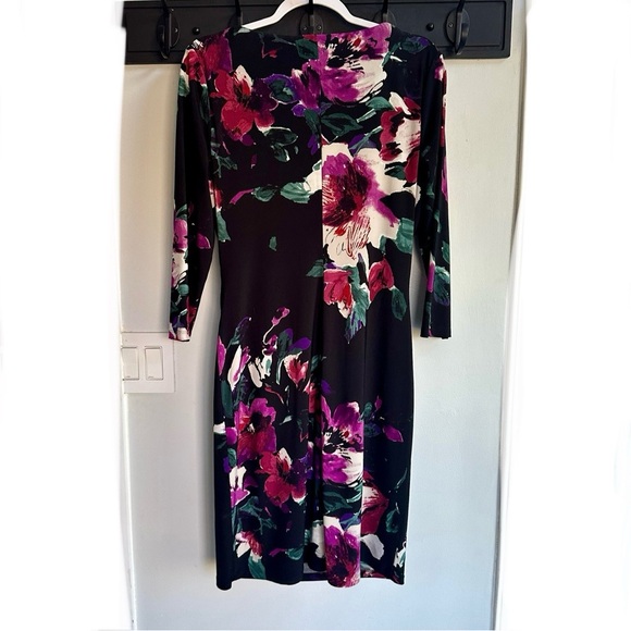 Ralph Lauren Black Purple Magenta Green Floral Print Stretch Knit Dress sz 12 - Picture 2 of 4